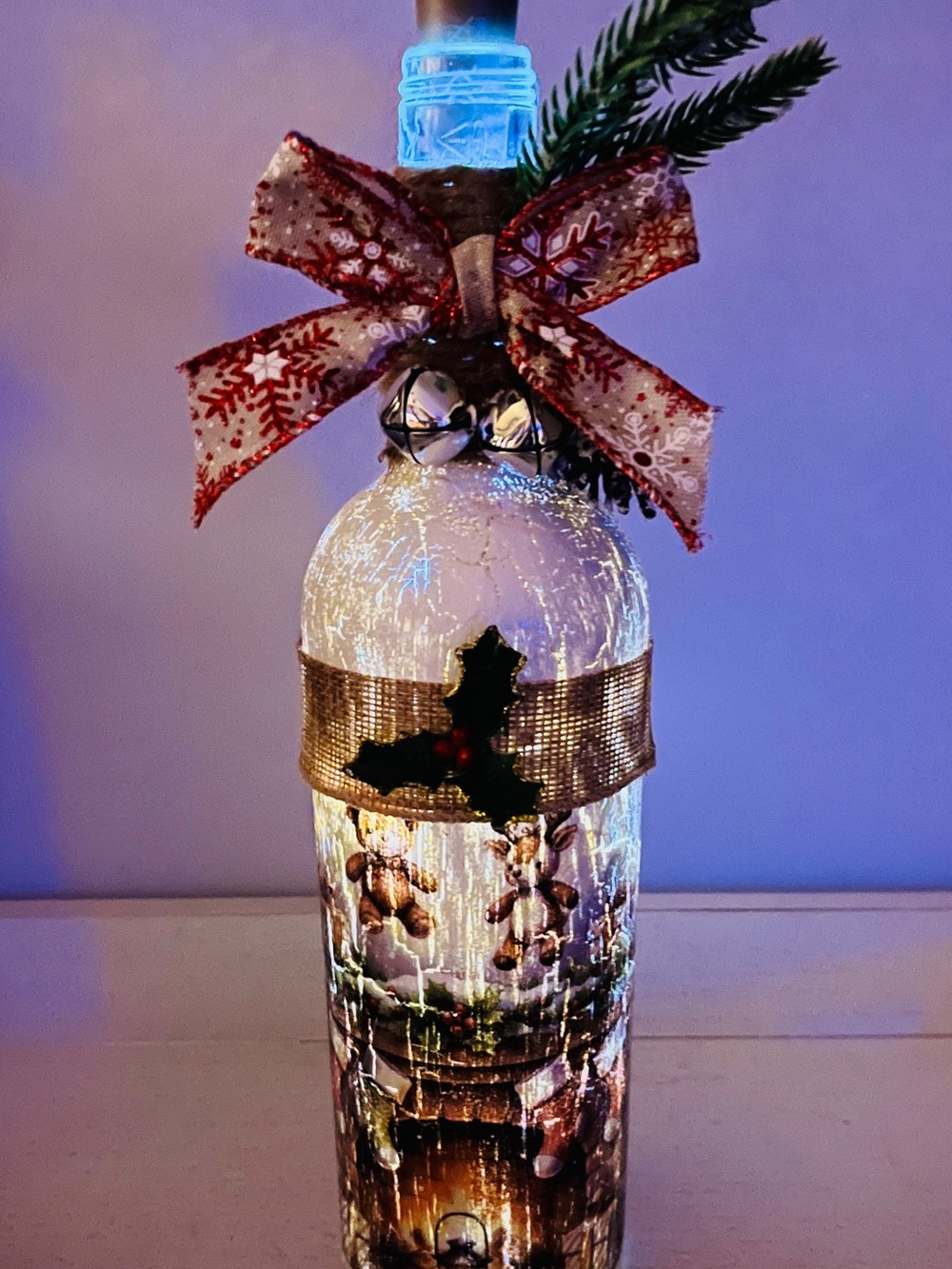 White Holiday Bottle Lantern with Red Snowflake Bow